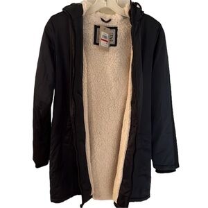 LEVI’S navy blue oversized XS 3/4 hooded stadium style coat shearling lined